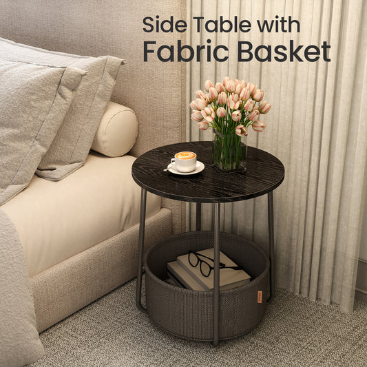 Round End Table with Fabric Storage Basket, Modern Nightstand or Side Table for Bedroom & Living Room, Sturdy Particleboard Top & U-Shaped Legs, Ebony Black,Slate Gray