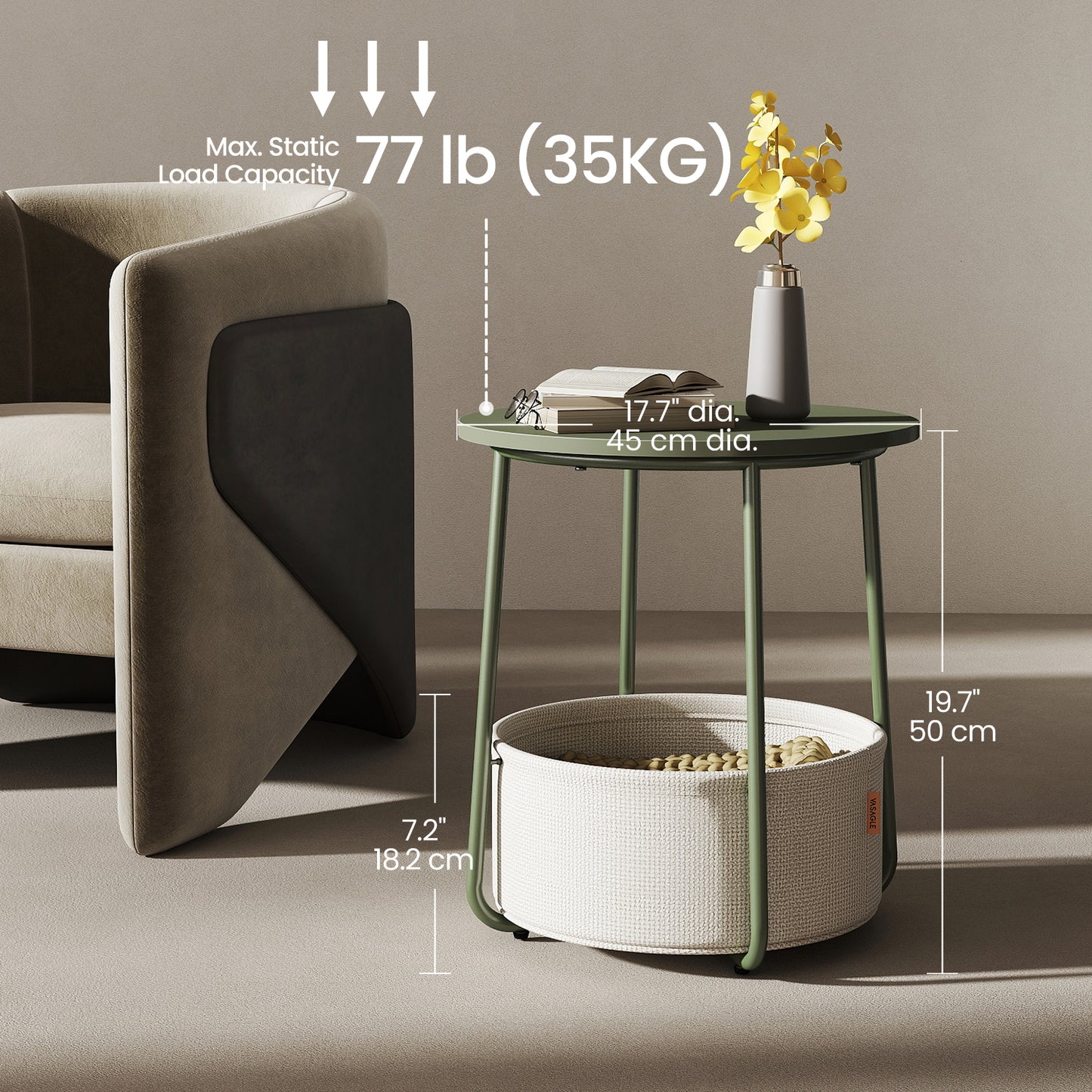 Small Round Side End Table with Fabric Basket, Modern Nightstand for Living Room, Bedroom, 17.7 x 19.7 Inches, Forest Green and Cream White
