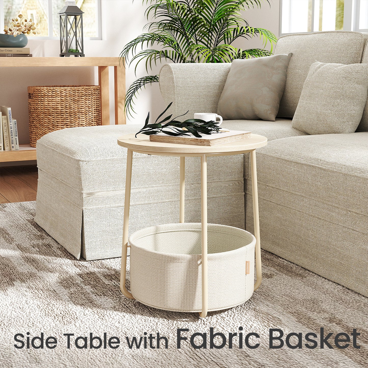 Round End Table with Fabric Basket - Modern Nightstand, Space-Saving Design, Easy Assembly, Cream White