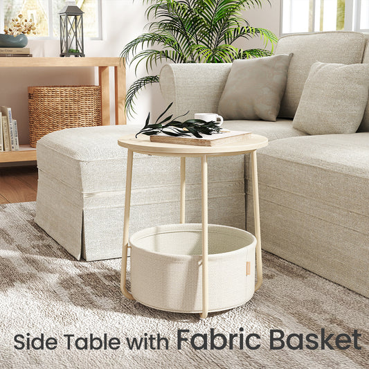 Round End Table with Fabric Basket - Modern Nightstand, Space-Saving Design, Easy Assembly, Cream White