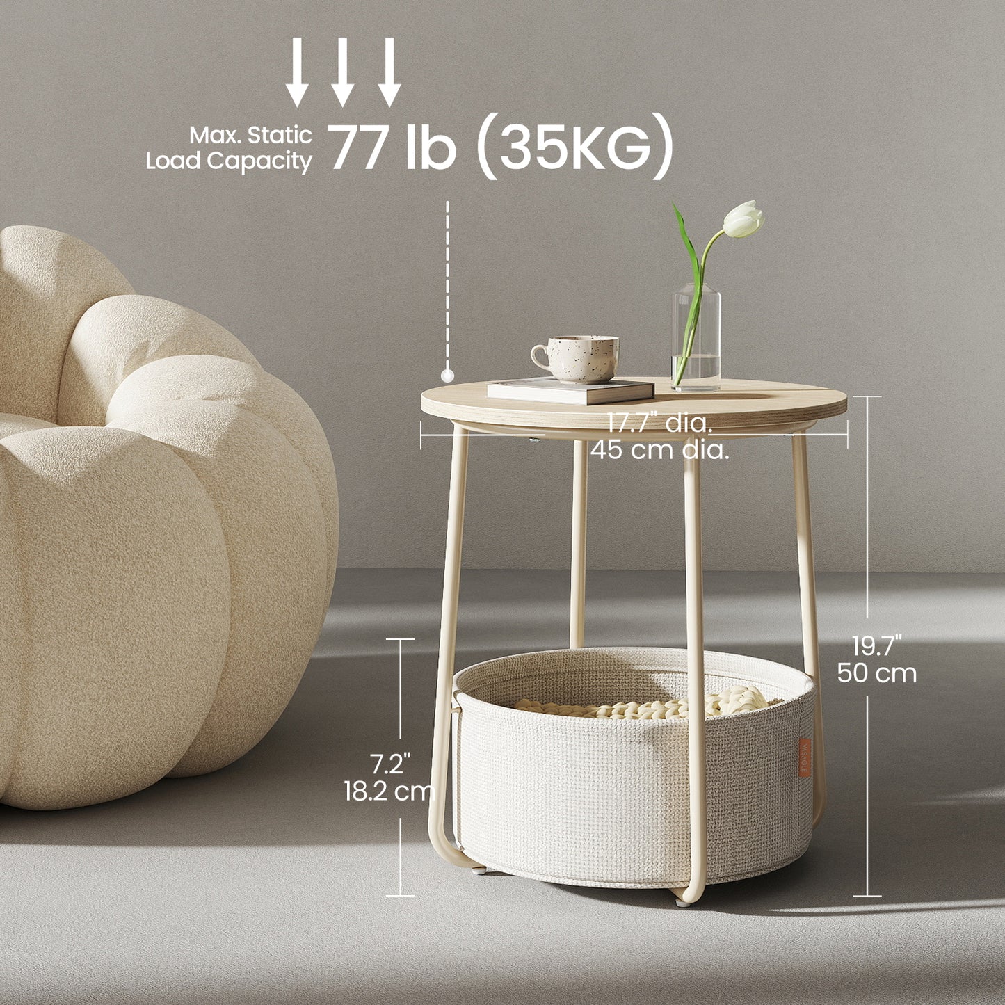 Round End Table with Fabric Basket - Modern Nightstand, Space-Saving Design, Easy Assembly, Cream White
