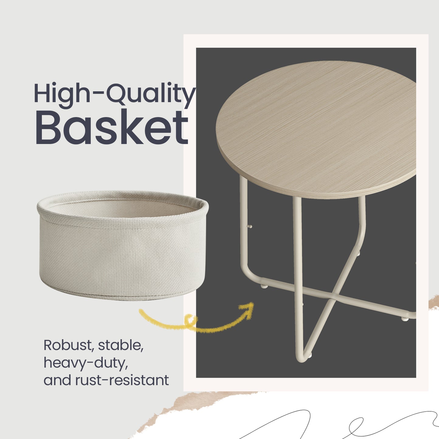 Round End Table with Fabric Basket - Modern Nightstand, Space-Saving Design, Easy Assembly, Cream White
