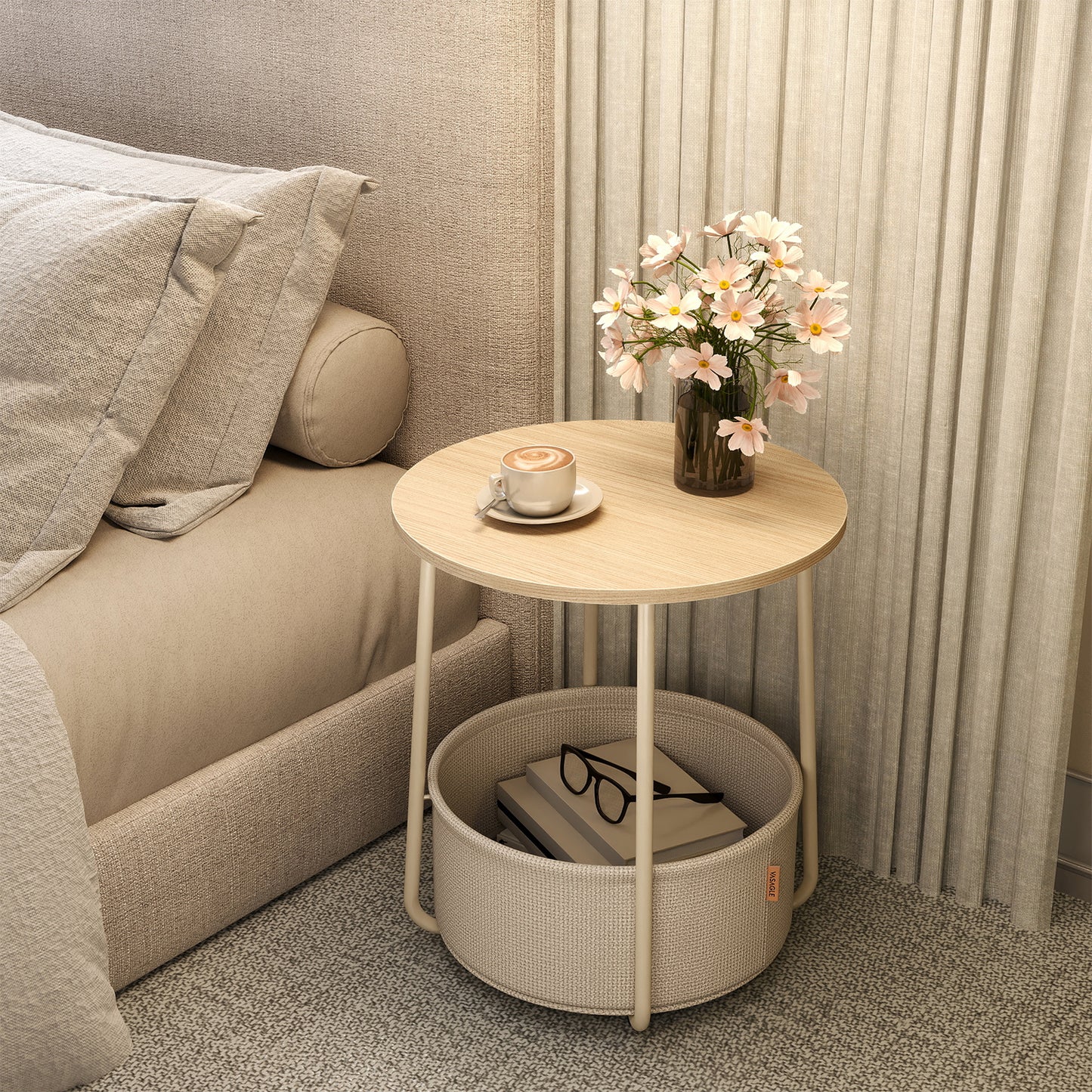 Round End Table with Fabric Basket - Modern Nightstand, Space-Saving Design, Easy Assembly, Cream White