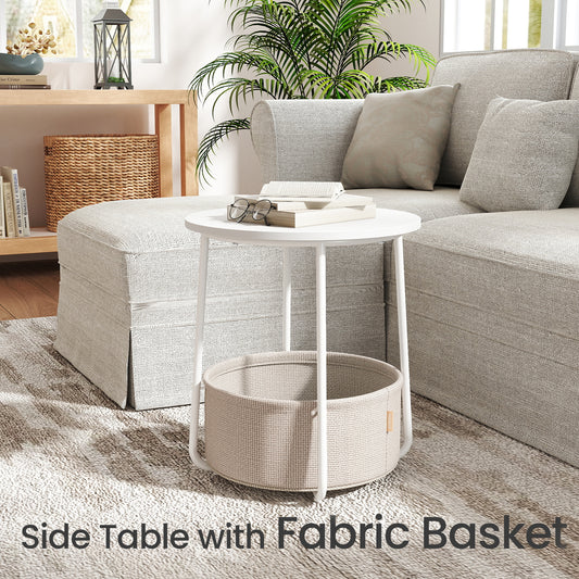 Round End Table with Fabric Storage Basket, Modern Nightstand, Sturdy Particleboard Top & U-Shaped Legs, for Bedroom，Living Room, White & Brown