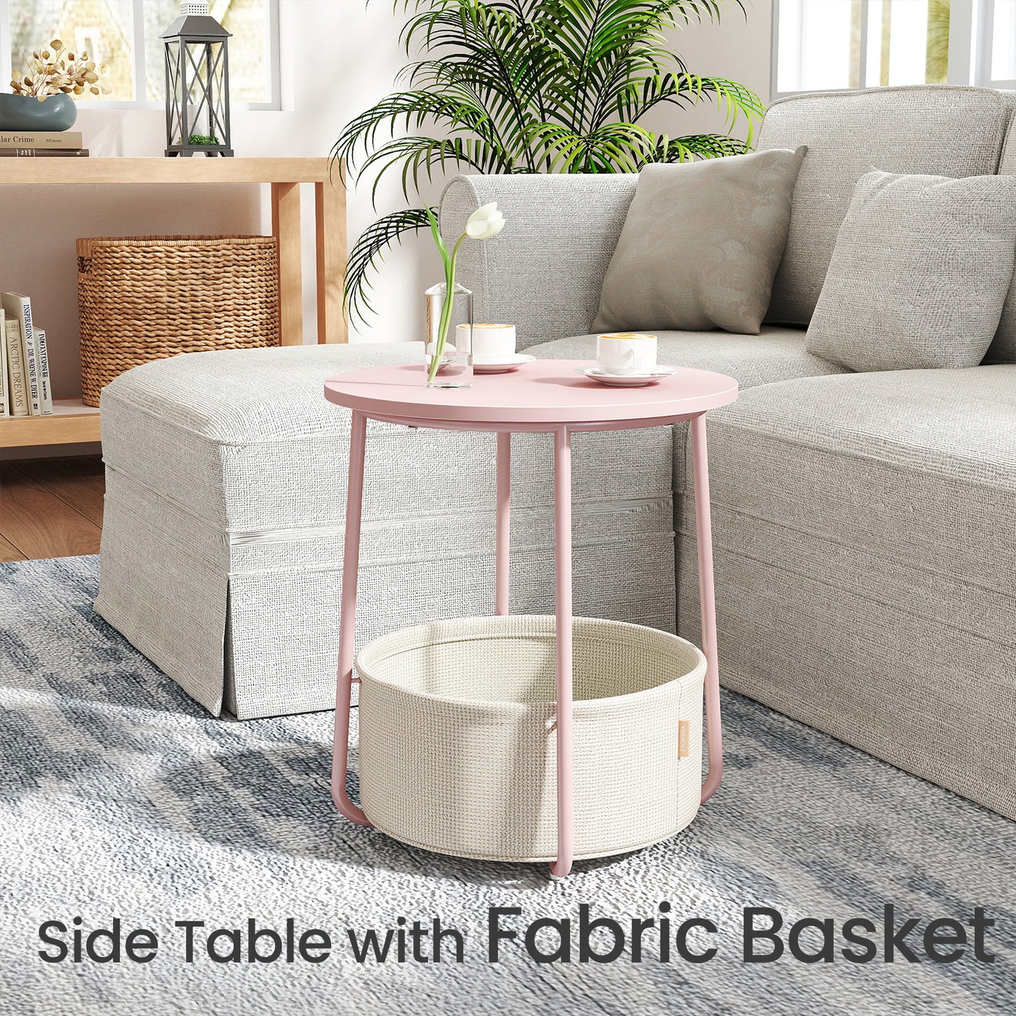 Round End Table with Fabric Storage Basket, Modern Nightstand or Side Table, Sturdy Particleboard Top & U-Shaped Steel Legs, Quick Assembly, for Living Room & Bedroom, Jelly Pink and Cream White