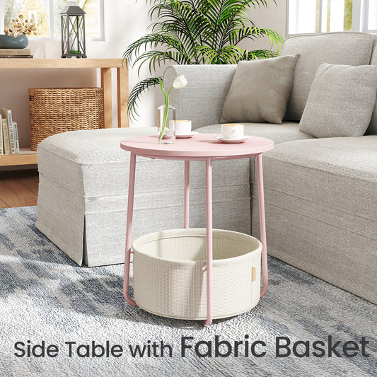 Round End Table with Fabric Storage Basket, Modern Nightstand or Side Table, Sturdy Particleboard Top & U-Shaped Steel Legs, Quick Assembly, for Living Room & Bedroom, Jelly Pink and Cream White