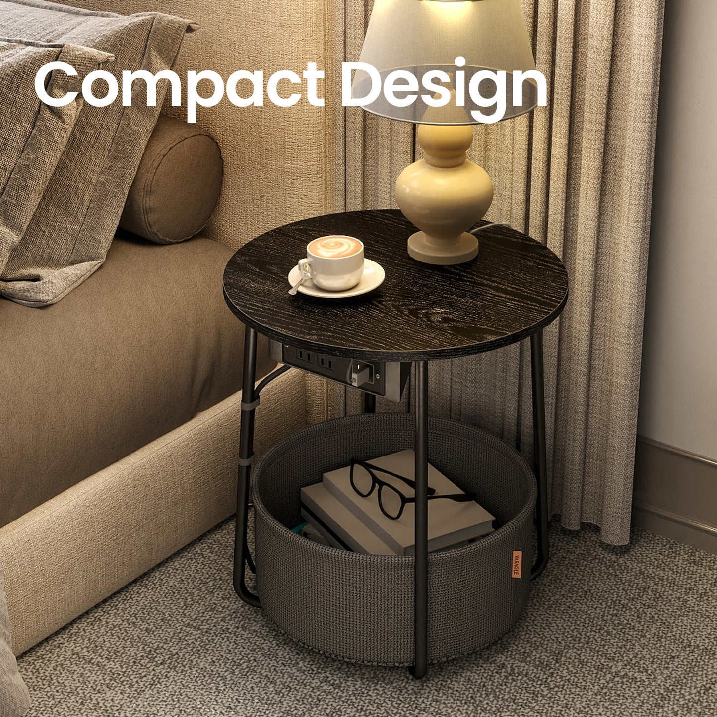 Round Charging Side Table - End Table with 2 Outlets & Fabric Basket, Space-Saving Nightstand, Ebony Black and Slate Gray