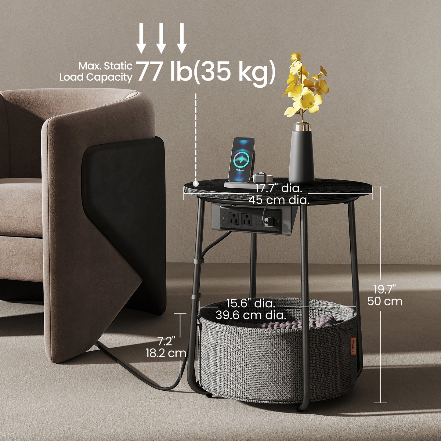 Round Charging Side Table - End Table with 2 Outlets & Fabric Basket, Space-Saving Nightstand, Ebony Black and Slate Gray