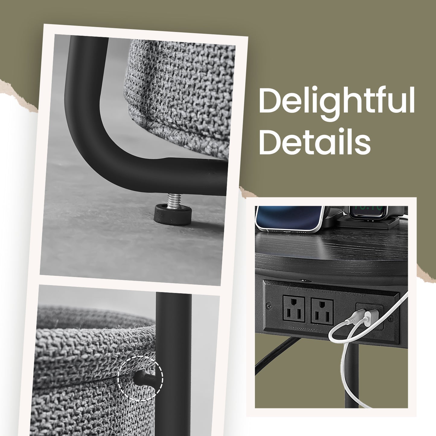 Round Charging Side Table - End Table with 2 Outlets & Fabric Basket, Space-Saving Nightstand, Ebony Black and Slate Gray