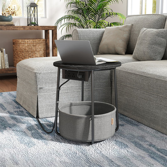 Round Charging Side Table - End Table with 2 Outlets & Fabric Basket, Space-Saving Nightstand, Ebony Black and Slate Gray