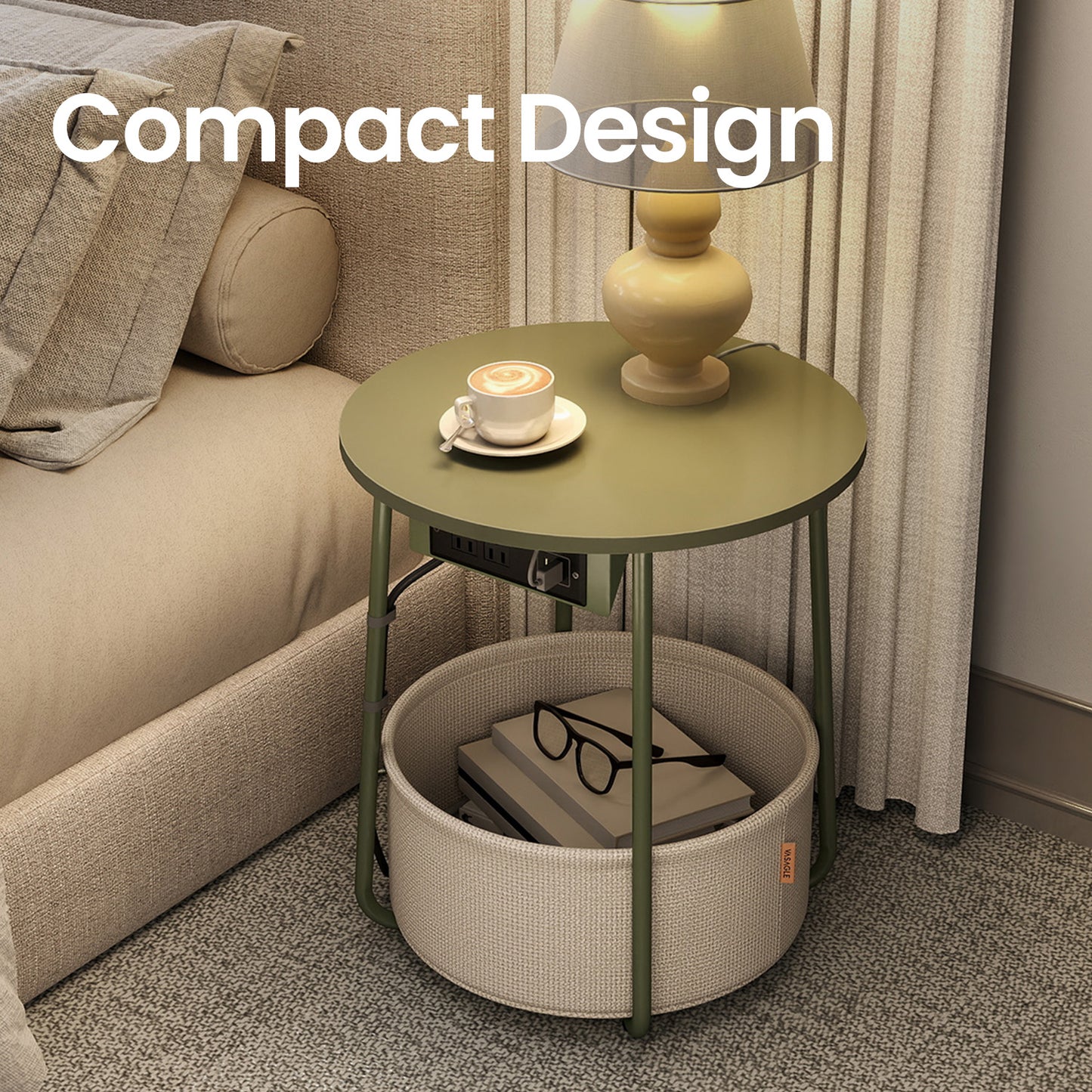 Round Charging Side Table - End Table with 2 Outlets & Fabric Basket, Space-Saving Nightstand, Forest Green and Cream White