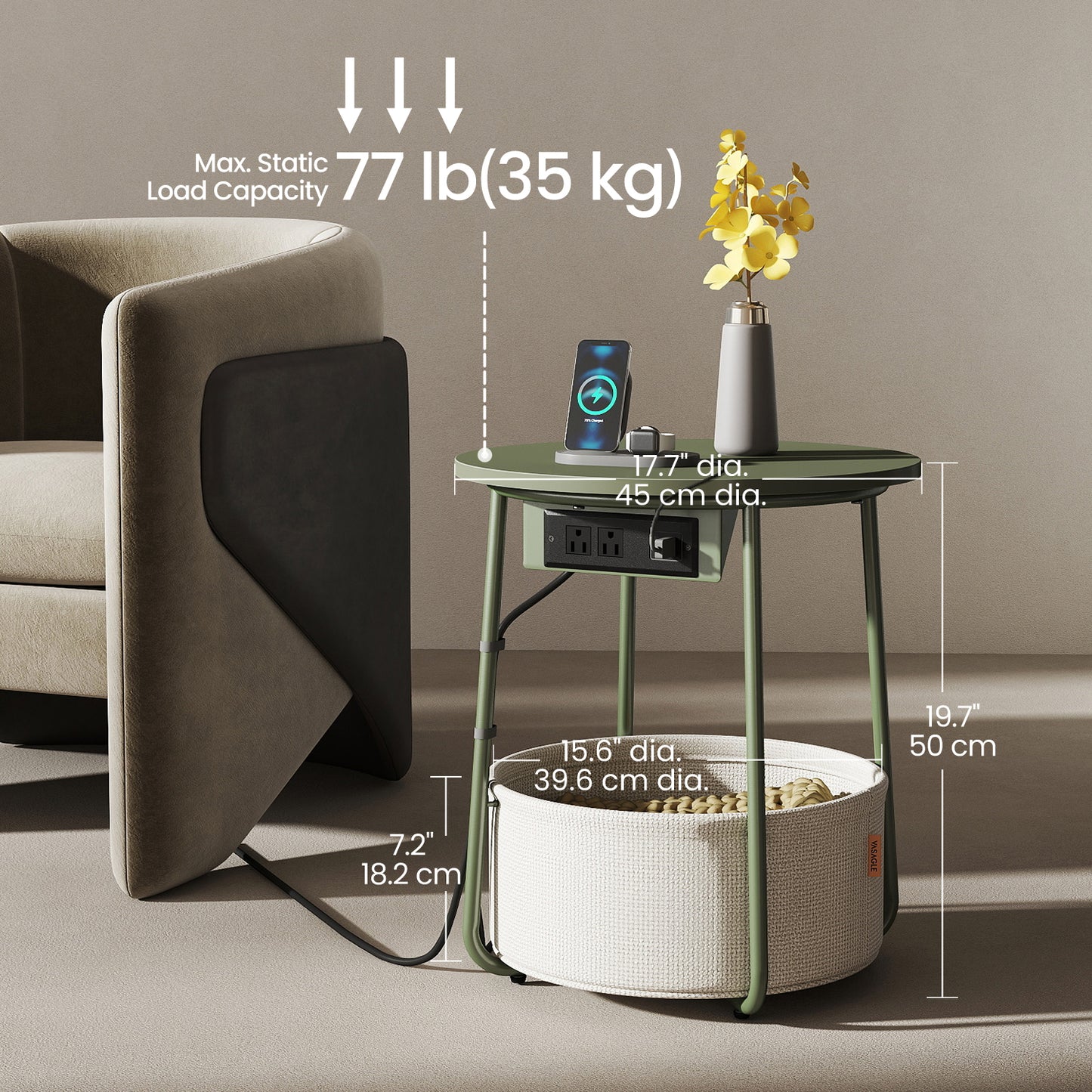 Round Charging Side Table - End Table with 2 Outlets & Fabric Basket, Space-Saving Nightstand, Forest Green and Cream White