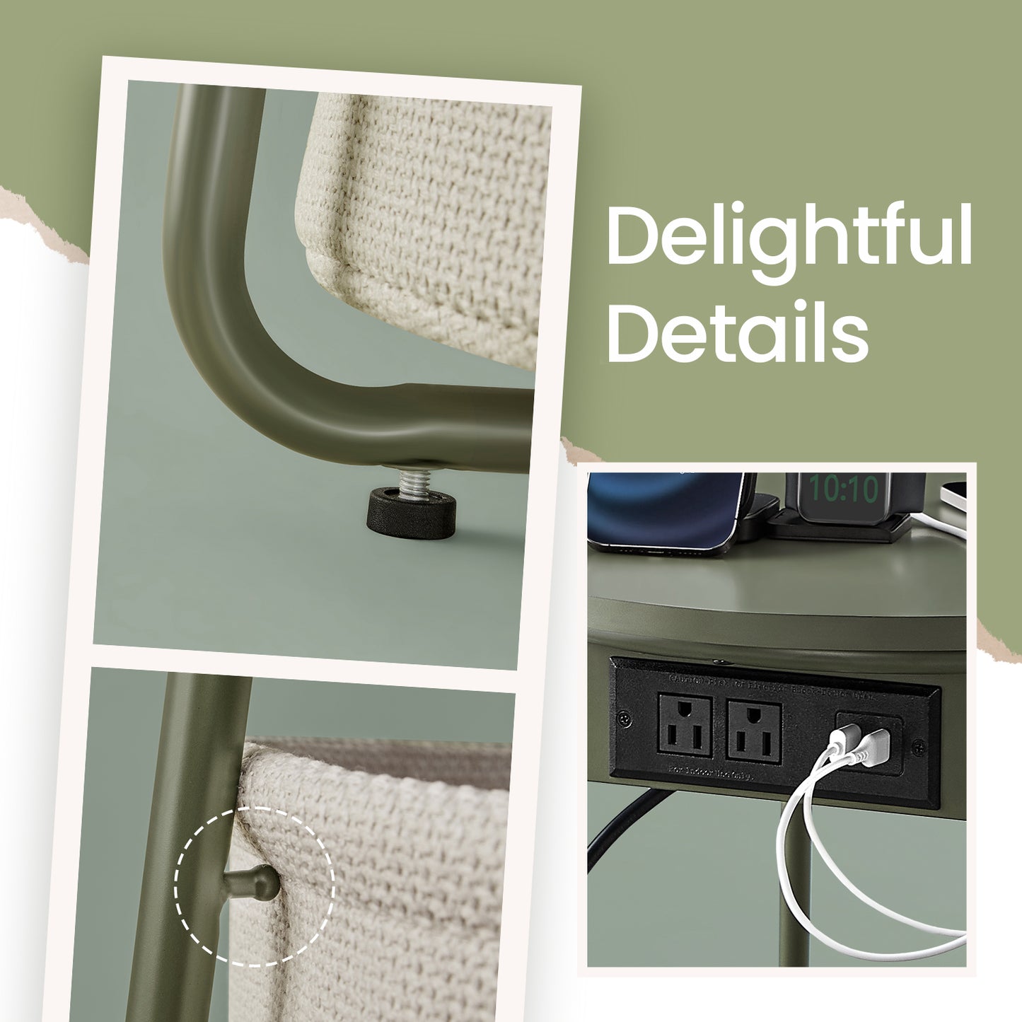 Round Charging Side Table - End Table with 2 Outlets & Fabric Basket, Space-Saving Nightstand, Forest Green and Cream White