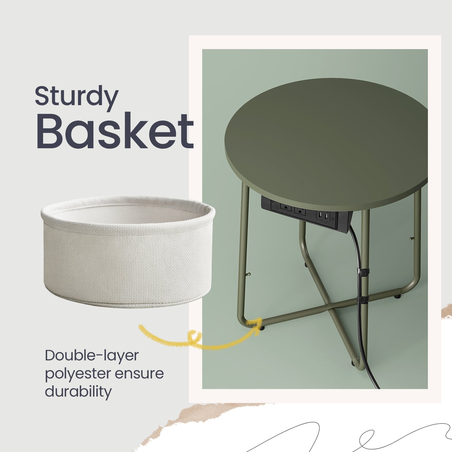 Round Charging Side Table - End Table with 2 Outlets & Fabric Basket, Space-Saving Nightstand, Forest Green and Cream White