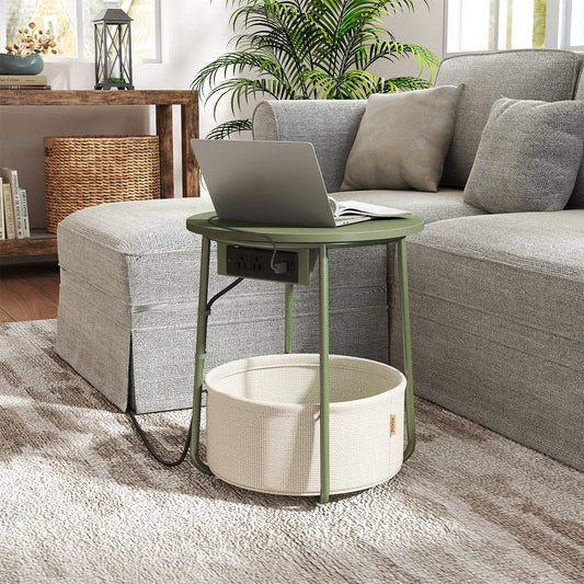 Round Charging Side Table - End Table with 2 Outlets & Fabric Basket, Space-Saving Nightstand, Forest Green and Cream White