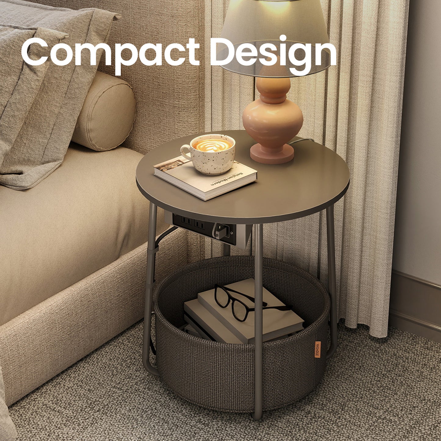 Round Charging Side Table - End Table with 2 Outlets & Fabric Basket, Space-Saving Nightstand, Dove Gray and Slate Gray