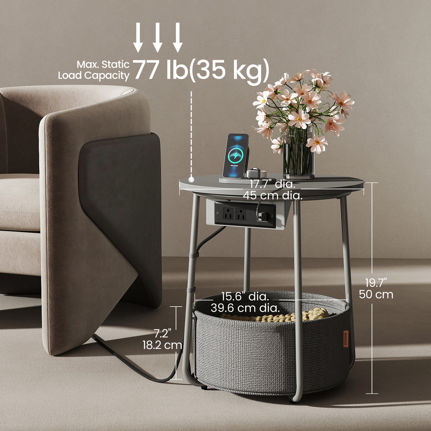 Round Charging Side Table - End Table with 2 Outlets & Fabric Basket, Space-Saving Nightstand, Dove Gray and Slate Gray