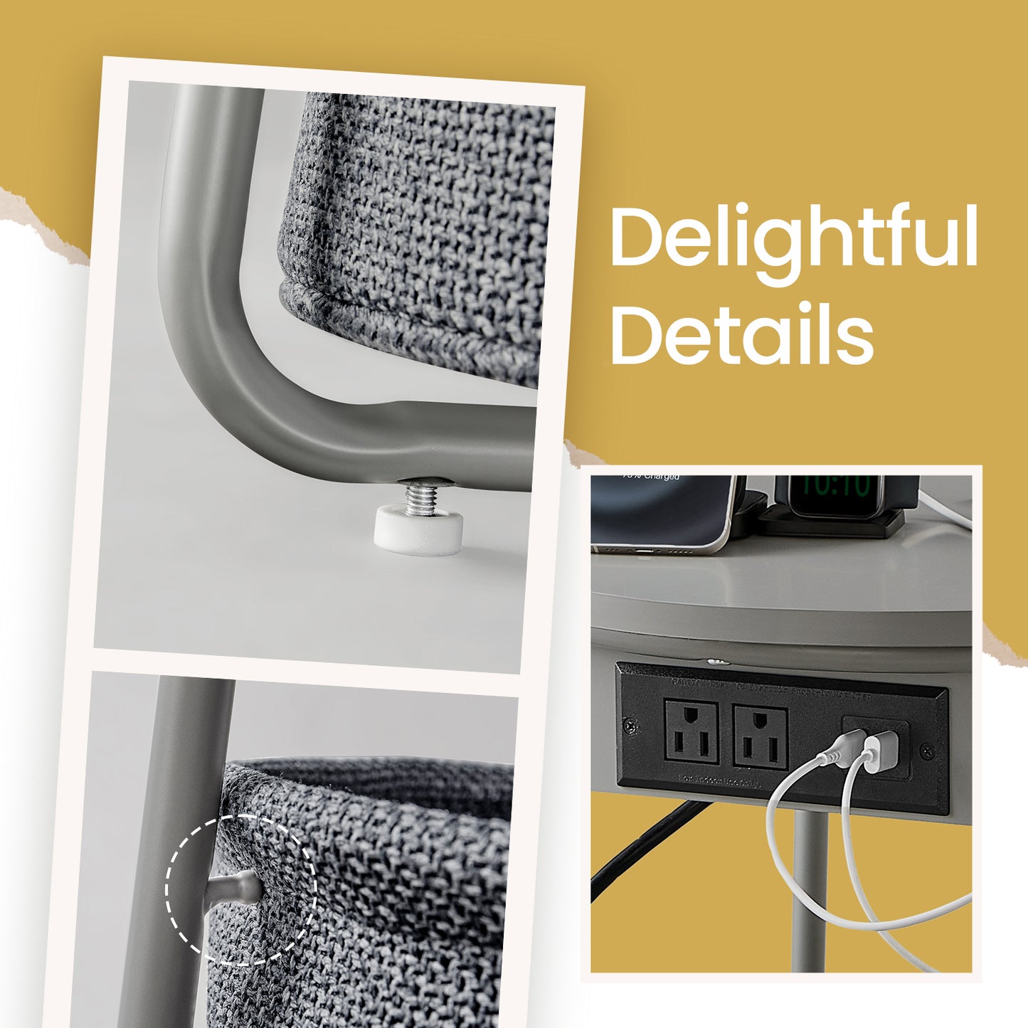 Round Charging Side Table - End Table with 2 Outlets & Fabric Basket, Space-Saving Nightstand, Dove Gray and Slate Gray