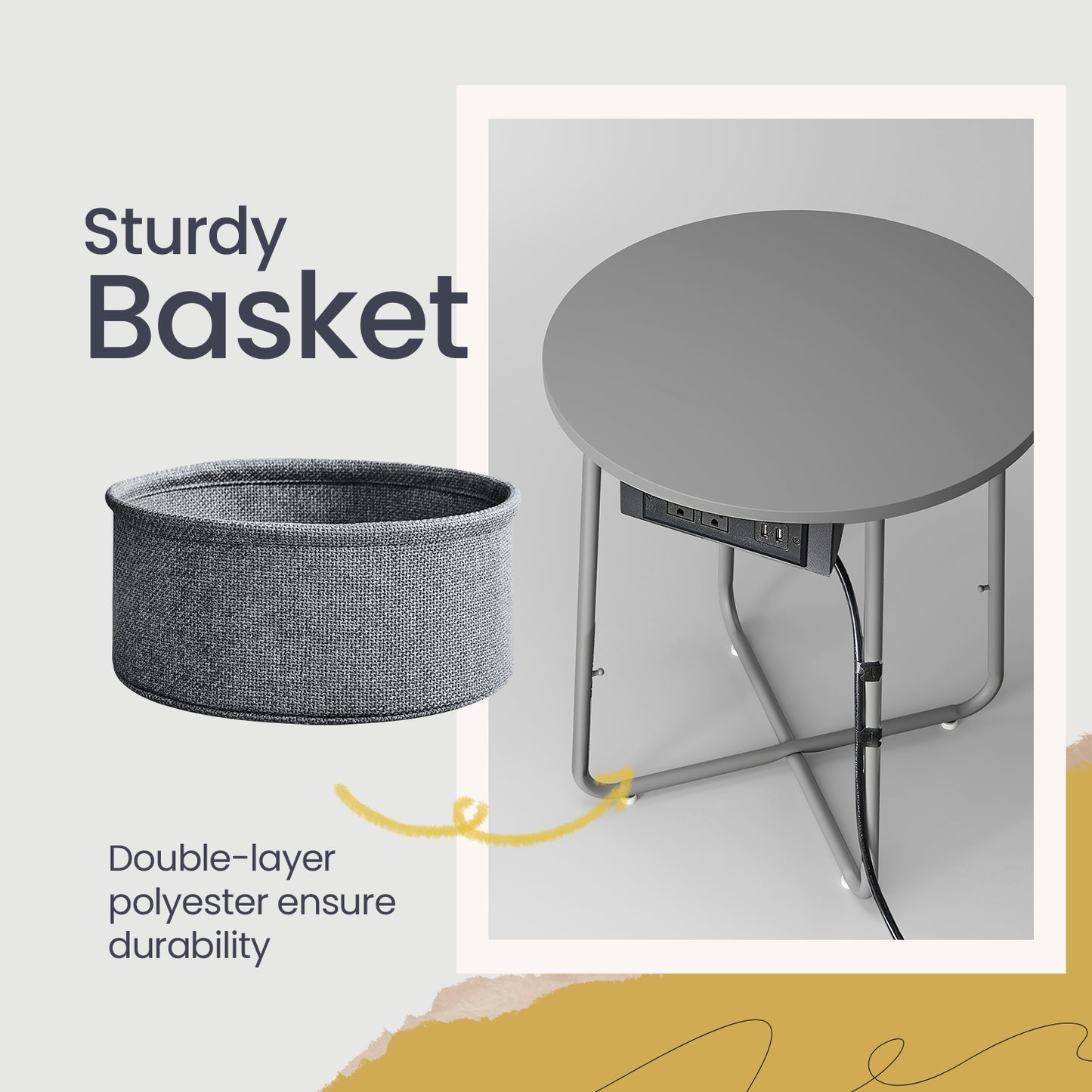 Round Charging Side Table - End Table with 2 Outlets & Fabric Basket, Space-Saving Nightstand, Dove Gray and Slate Gray