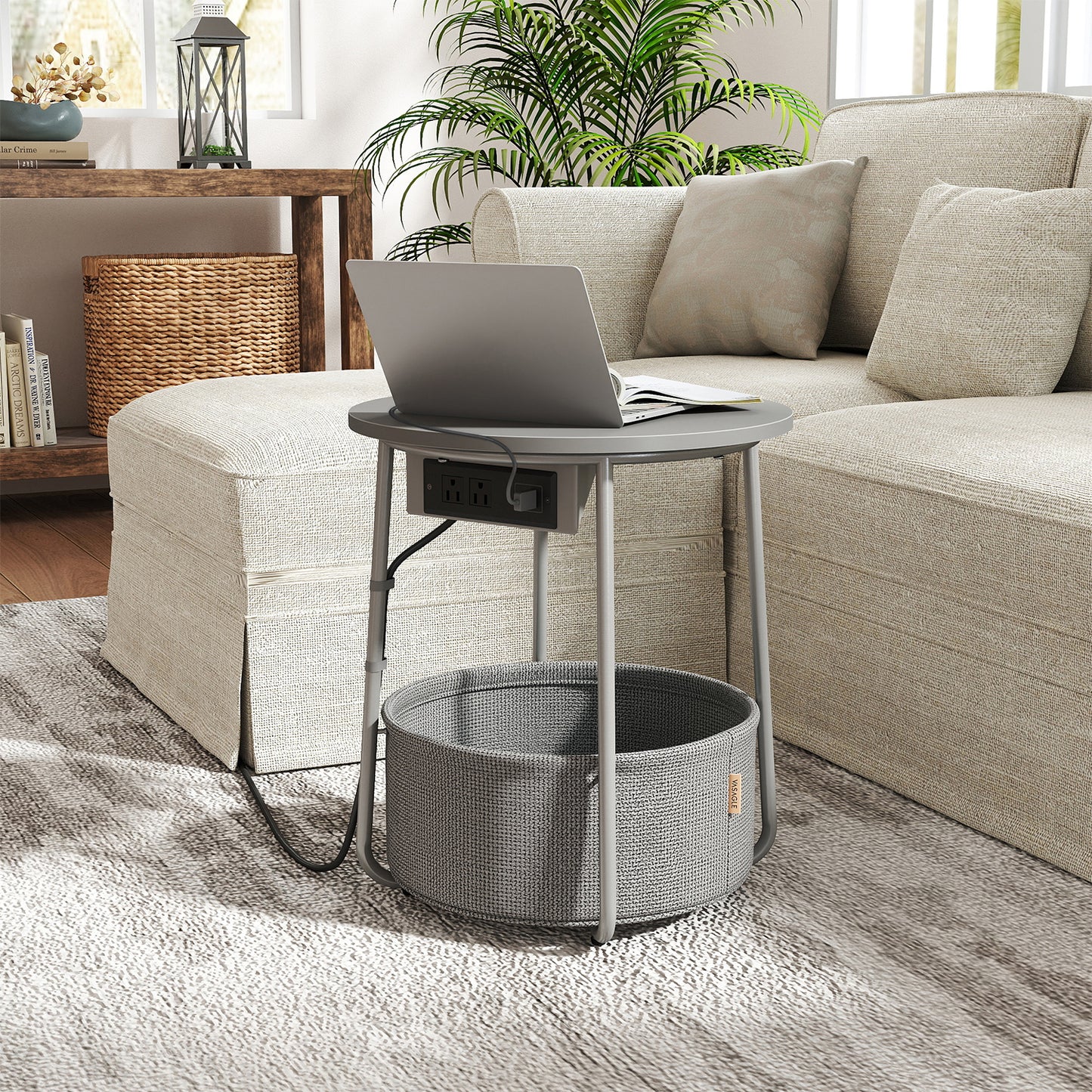 Round Charging Side Table - End Table with 2 Outlets & Fabric Basket, Space-Saving Nightstand, Dove Gray and Slate Gray
