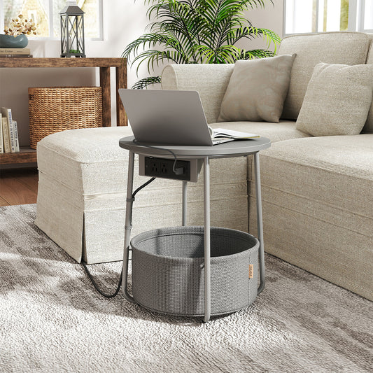 Round Charging Side Table - End Table with 2 Outlets & Fabric Basket, Space-Saving Nightstand, Dove Gray and Slate Gray