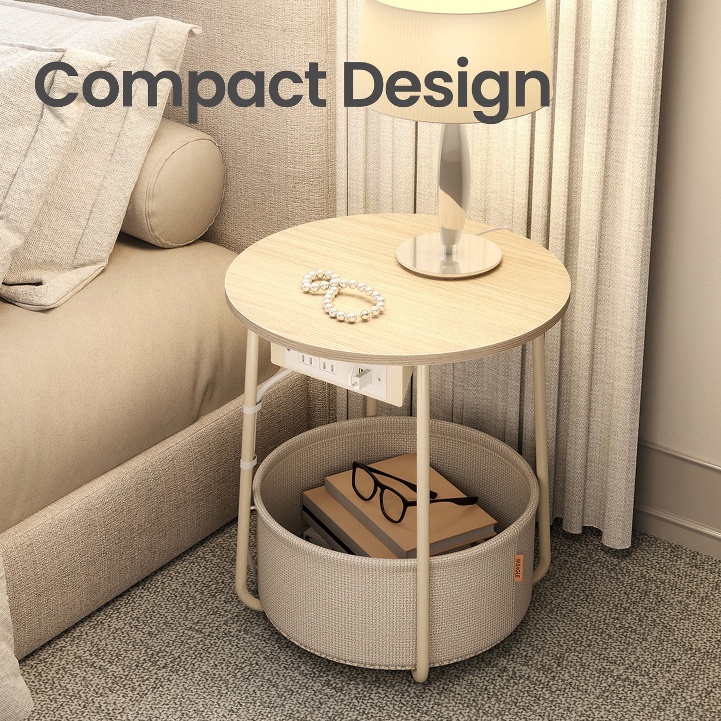 Round Charging Side Table - End Table with 2 Outlets & Fabric Basket, Space-Saving Nightstand, Cream White