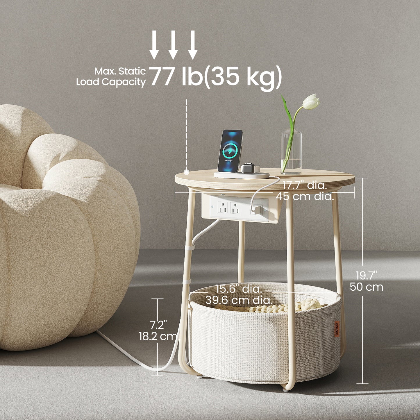 Round Charging Side Table - End Table with 2 Outlets & Fabric Basket, Space-Saving Nightstand, Cream White