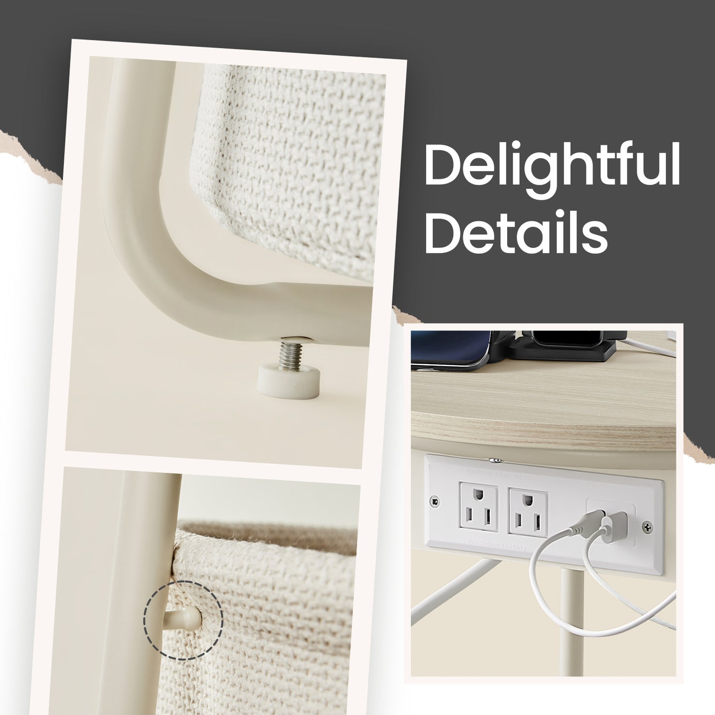 Round Charging Side Table - End Table with 2 Outlets & Fabric Basket, Space-Saving Nightstand, Cream White