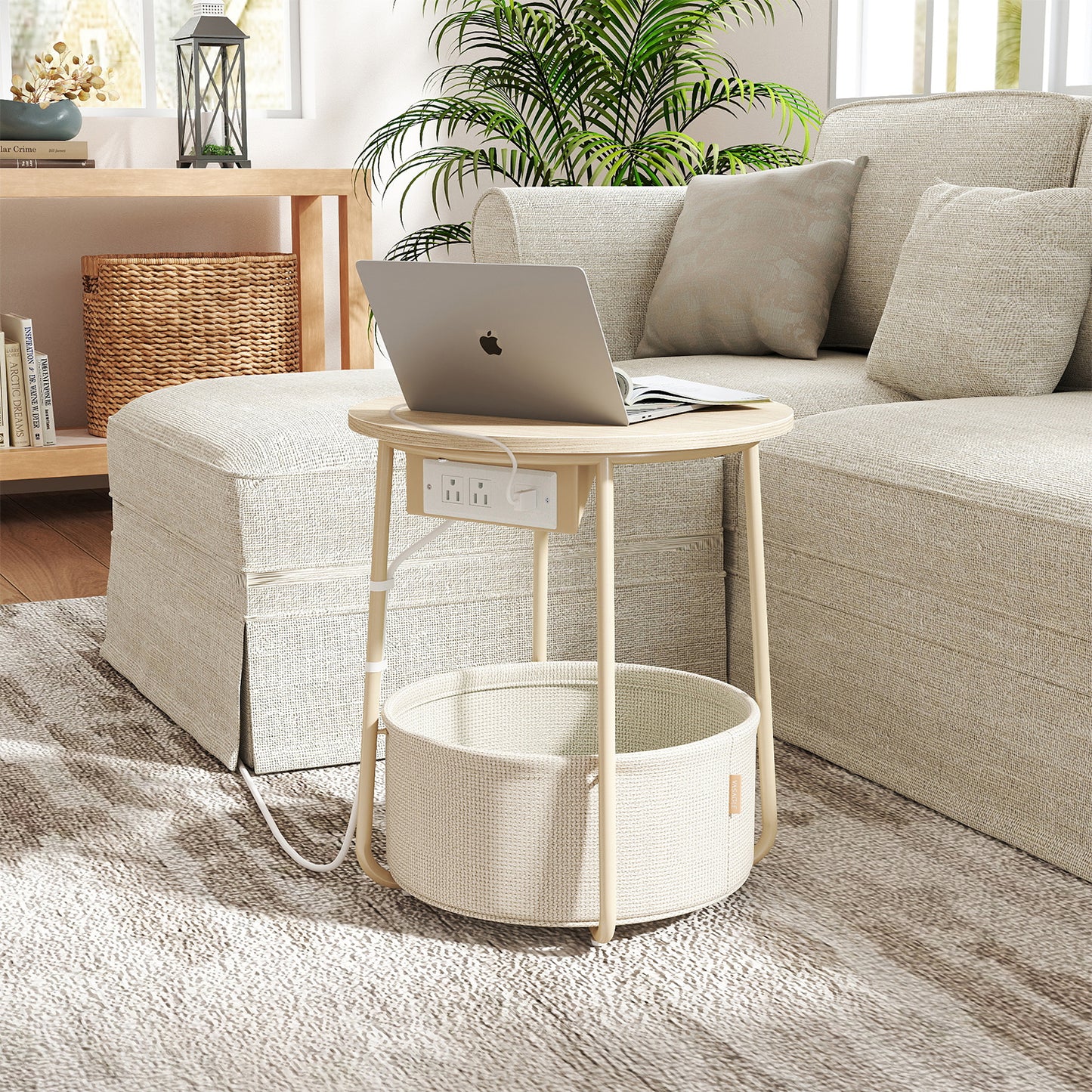 Round Charging Side Table - End Table with 2 Outlets & Fabric Basket, Space-Saving Nightstand, Cream White