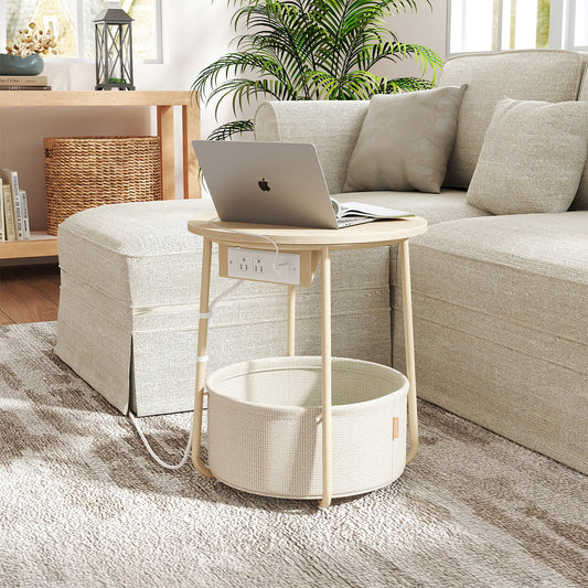 Round Charging Side Table - End Table with 2 Outlets & Fabric Basket, Space-Saving Nightstand, Cream White
