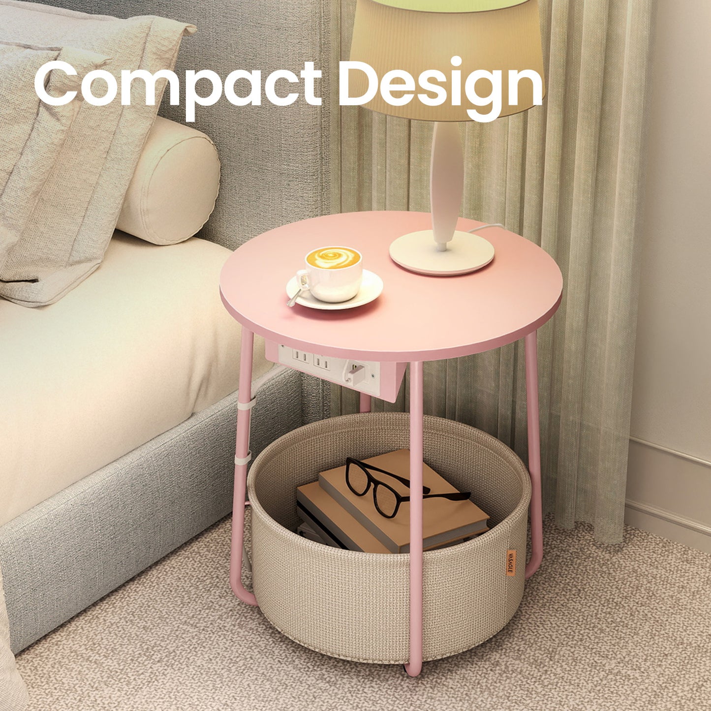 Round Charging Side Table - End Table with 2 Outlets & Fabric Basket, Space-Saving Nightstand, Jelly Pink and Cream White