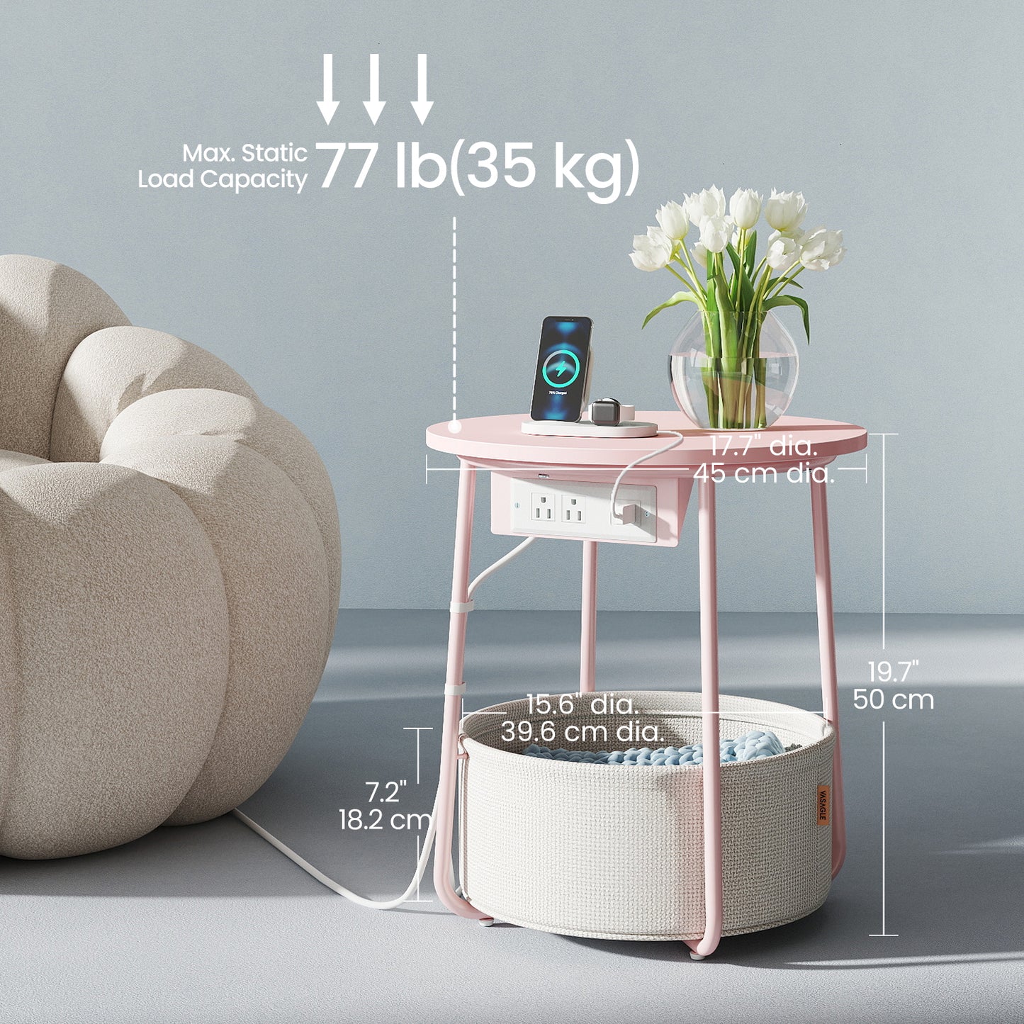 Round Charging Side Table - End Table with 2 Outlets & Fabric Basket, Space-Saving Nightstand, Jelly Pink and Cream White