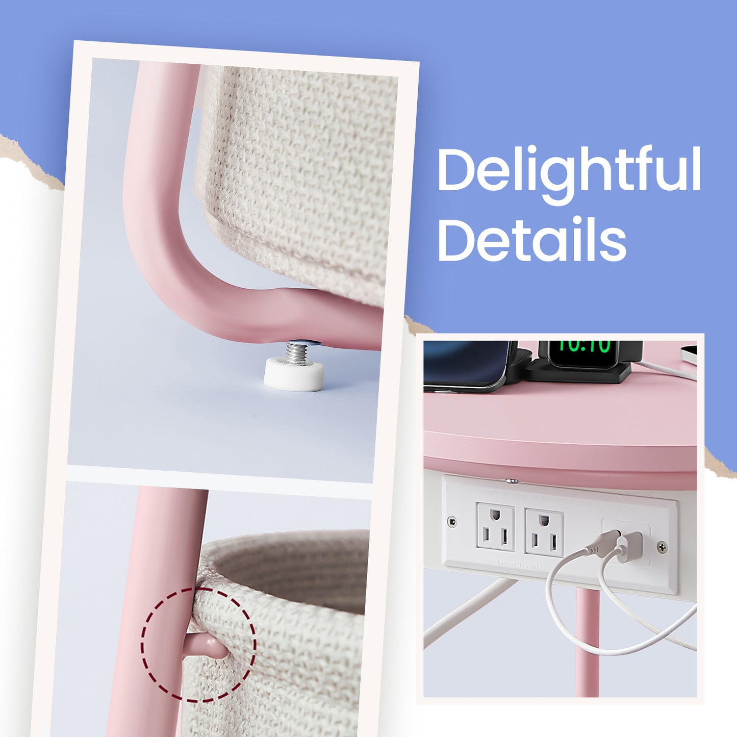 Round Charging Side Table - End Table with 2 Outlets & Fabric Basket, Space-Saving Nightstand, Jelly Pink and Cream White