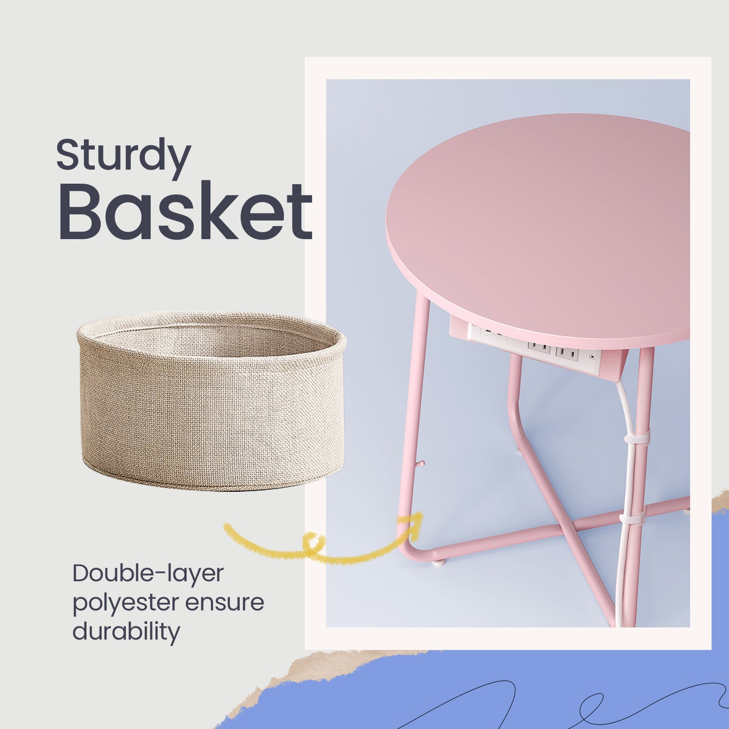 Round Charging Side Table - End Table with 2 Outlets & Fabric Basket, Space-Saving Nightstand, Jelly Pink and Cream White