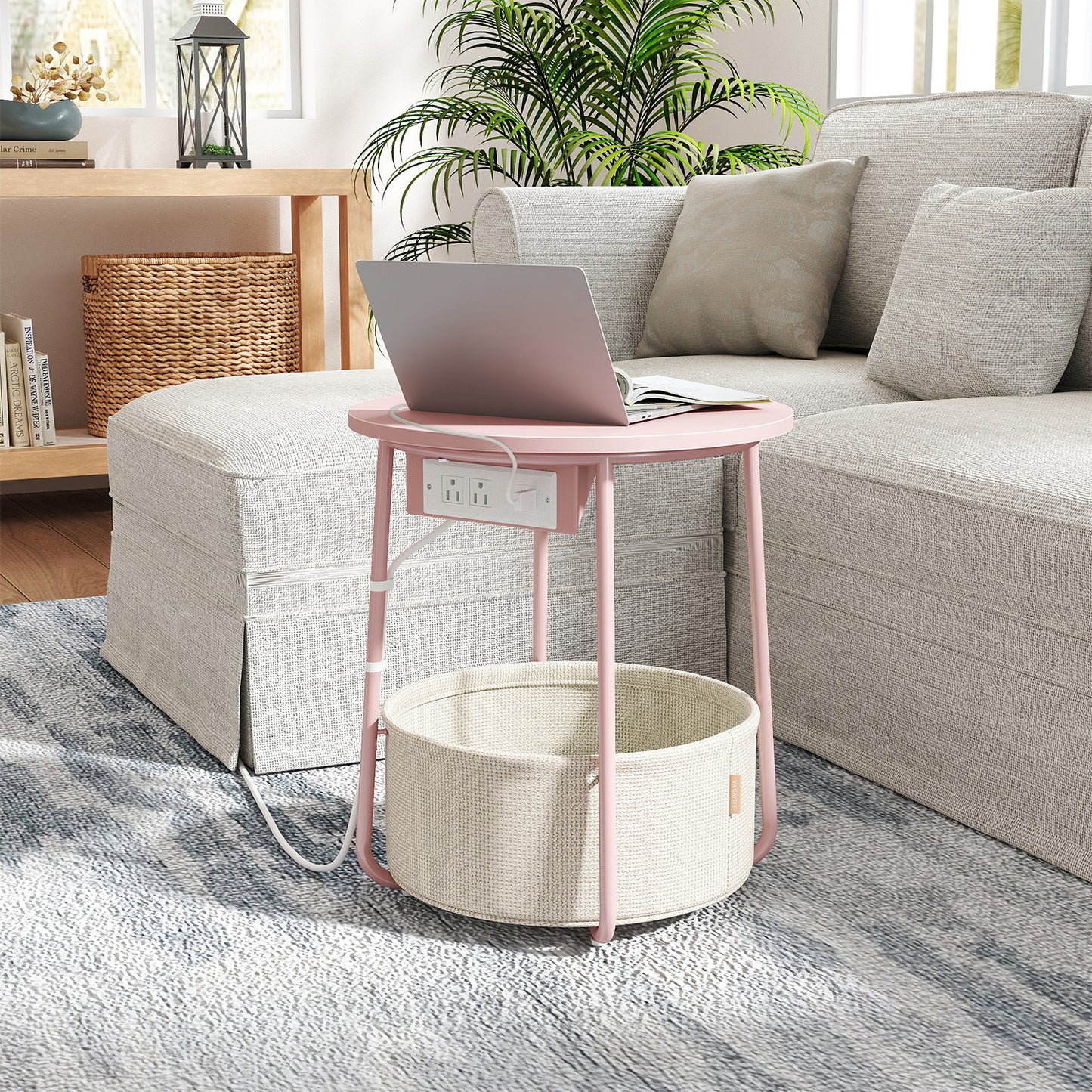 Round Charging Side Table - End Table with 2 Outlets & Fabric Basket, Space-Saving Nightstand, Jelly Pink and Cream White
