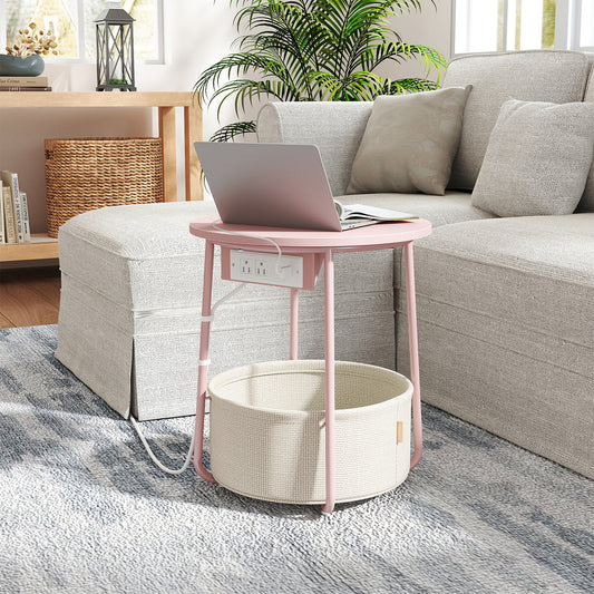 Round Charging Side Table - End Table with 2 Outlets & Fabric Basket, Space-Saving Nightstand, Jelly Pink and Cream White