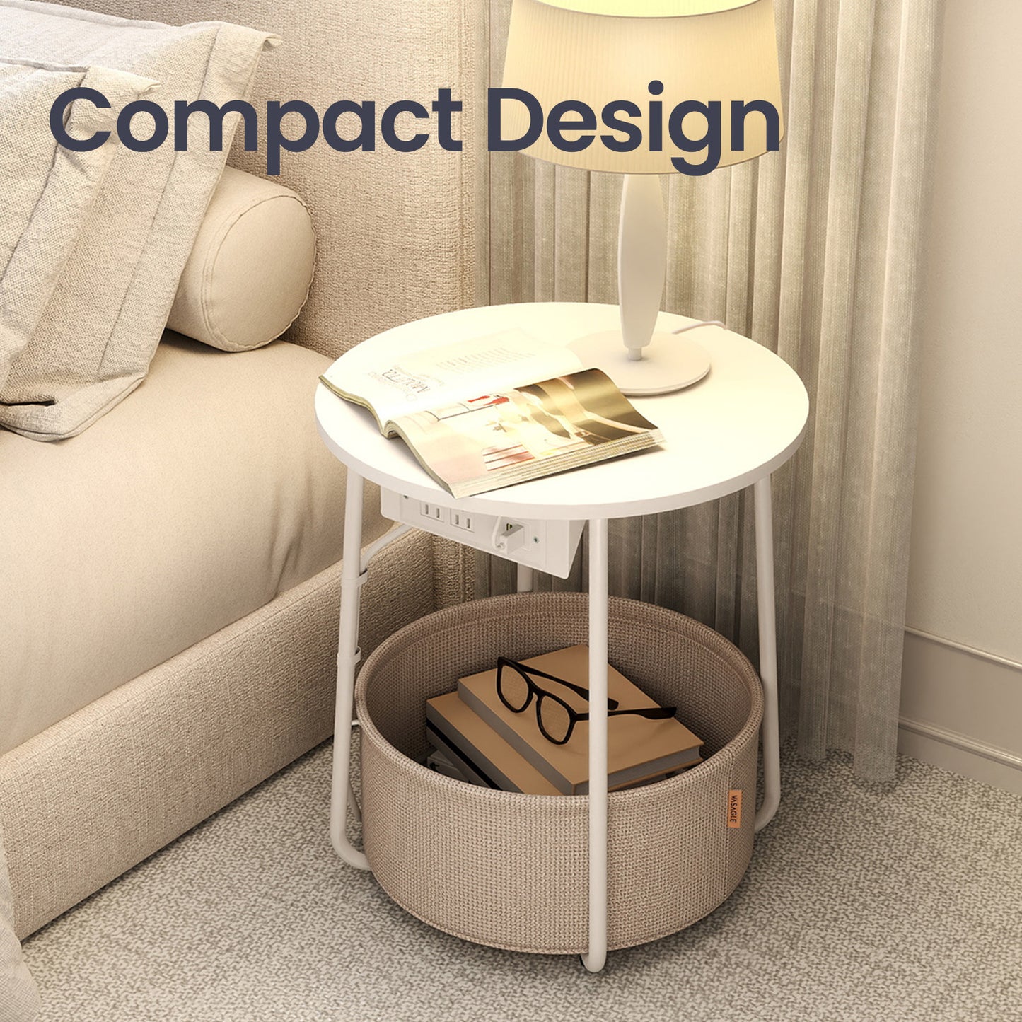 Round Charging Side Table - End Table with 2 Outlets & Fabric Basket, Space-Saving Nightstand, Matte White and Camel Brown