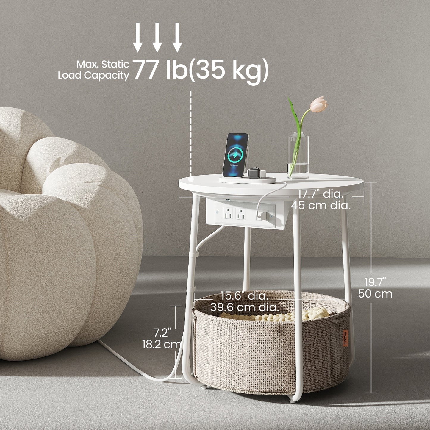 Round Charging Side Table - End Table with 2 Outlets & Fabric Basket, Space-Saving Nightstand, Matte White and Camel Brown