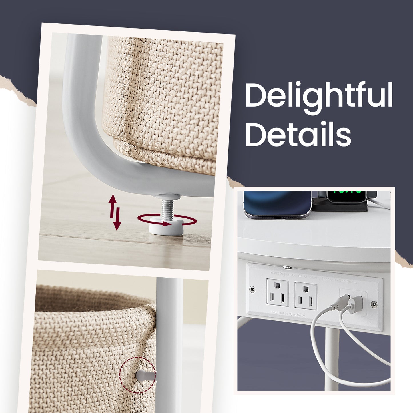 Round Charging Side Table - End Table with 2 Outlets & Fabric Basket, Space-Saving Nightstand, Matte White and Camel Brown