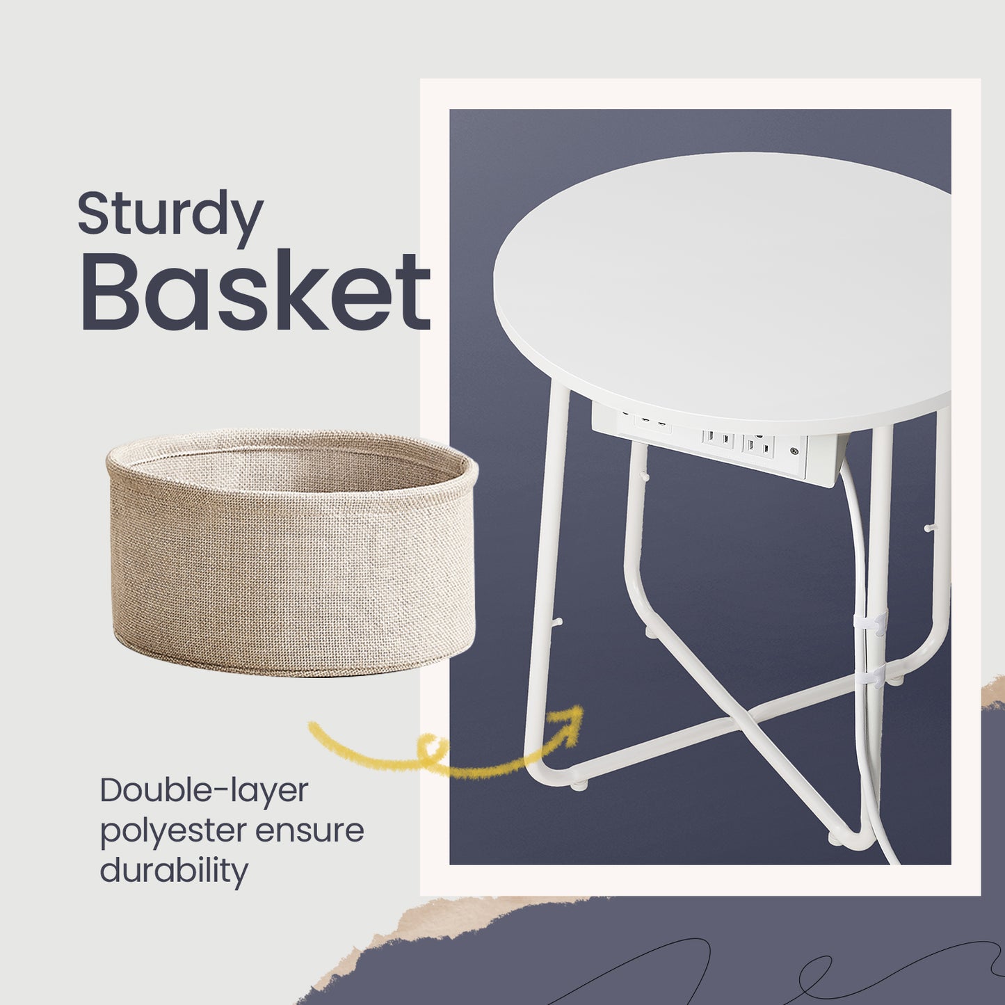 Round Charging Side Table - End Table with 2 Outlets & Fabric Basket, Space-Saving Nightstand, Matte White and Camel Brown
