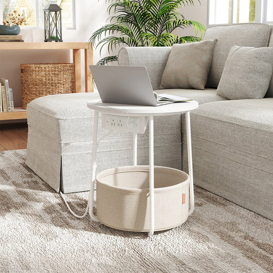 Round Charging Side Table - End Table with 2 Outlets & Fabric Basket, Space-Saving Nightstand, Matte White and Camel Brown