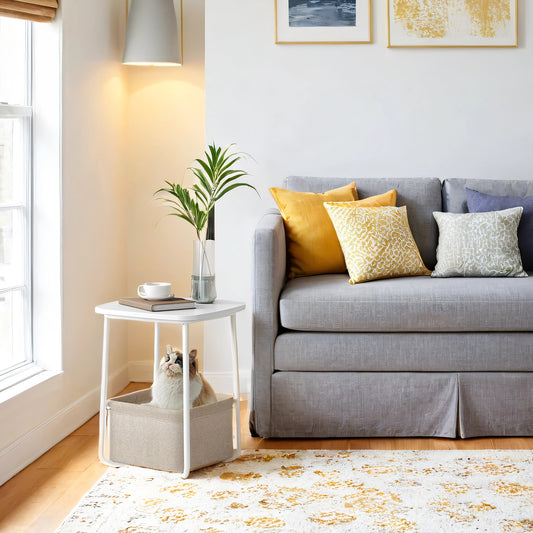 Square Side Table with Fabric Basket, Modern Nightstand & End Table for Small Spaces, 15.7 Inch, Matte White & Camel Brown