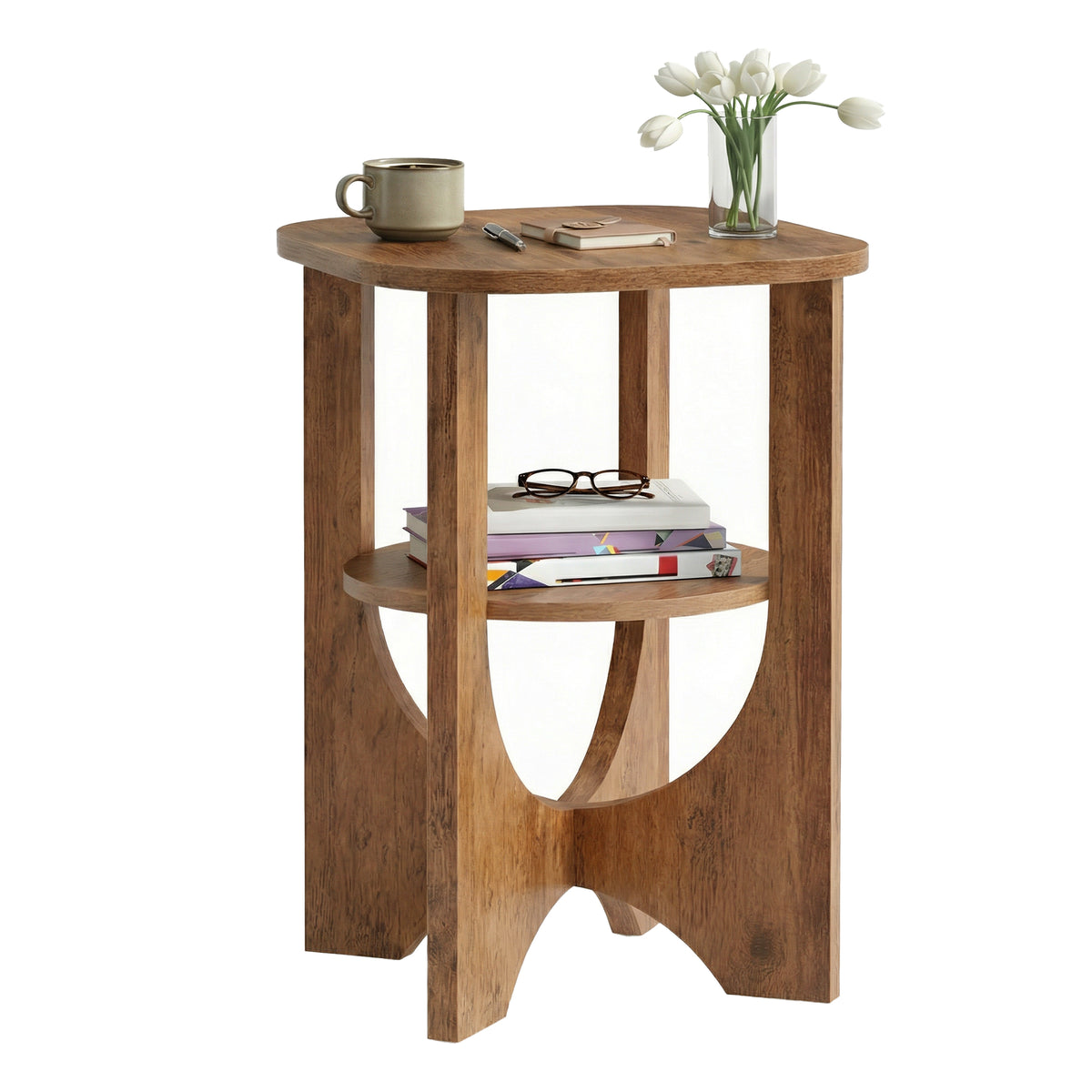 2-Tier Side Table, Small Accent End Table with Lower Shelf, Nightstand for Living Room Bedroom, Space-Saving, Honey Brown