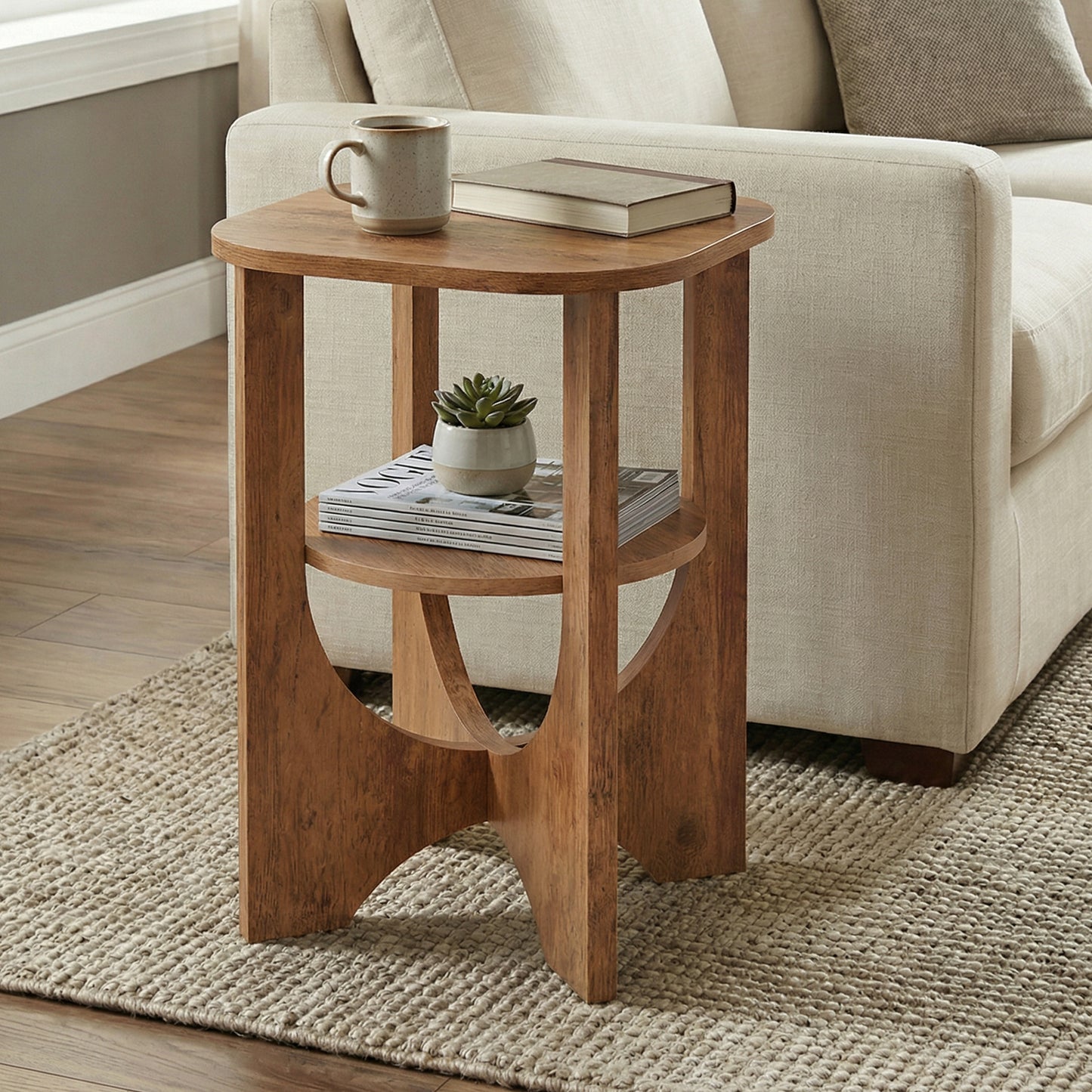2-Tier Side Table, Small Accent End Table with Lower Shelf, Nightstand for Living Room Bedroom, Space-Saving, Honey Brown