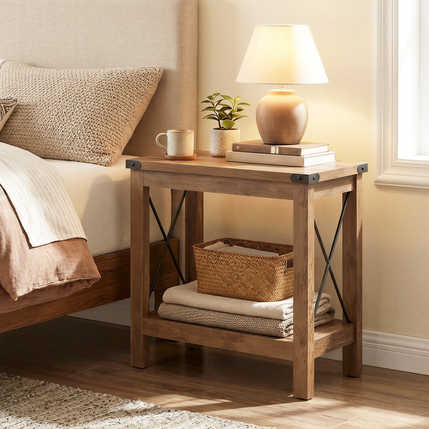 2-Tier Farmhouse End Table, Small Side Table with Bottom Shelf, Nightstand for Living Room, Bedroom, 23.6 x 21.6 x 11.8 Inches, Honey Brown