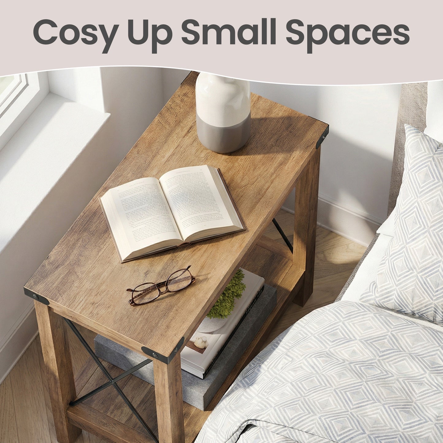 2-Tier Farmhouse End Table, Small Side Table with Bottom Shelf, Nightstand for Living Room, Bedroom, 23.6 x 21.6 x 11.8 Inches, Honey Brown
