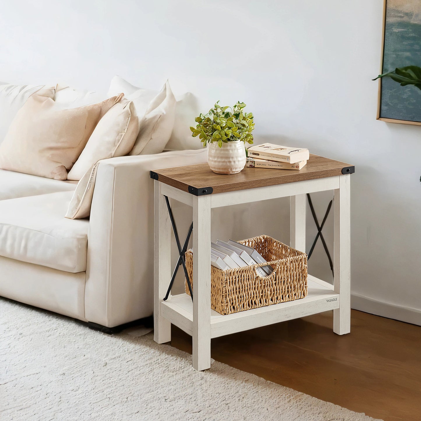 2-Tier Farmhouse End Table with Bottom Shelf, Small Side Table for Living Room, Bedroom, 23.6 x 21.6 x 11.8 Inches, Rustic White and Honey Brown