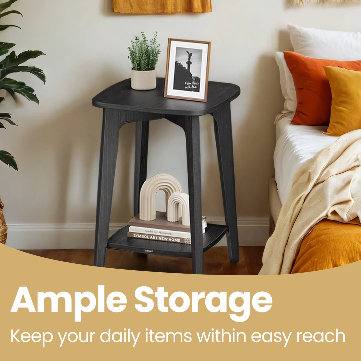 Modern Square Side Table with Lower Shelf, Space-Saving 2-Tier End Table, Nightstand, 15.7" Small Accent Table, Charcoal Gray