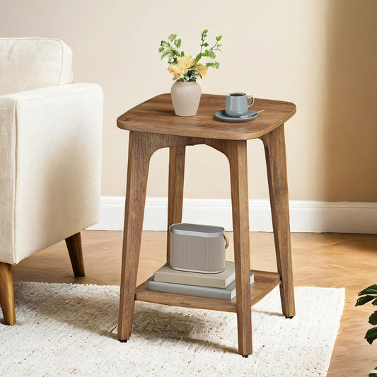 Modern Square Side Table with Lower Shelf, 2-Tier Small Space End Table, Nightstand, 15.7" Compact Accent Table, Honey Brown