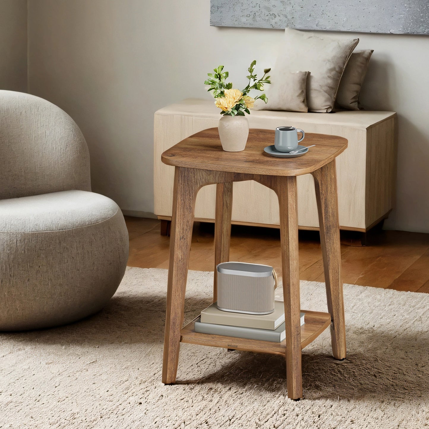 Modern Square Side Table with Lower Shelf, 2-Tier Small Space End Table, Nightstand, 15.7" Compact Accent Table, Honey Brown